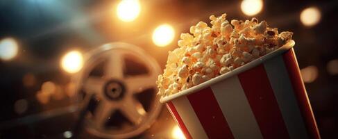 The delicious bucket of popcorn ready for a movie night experience. photo