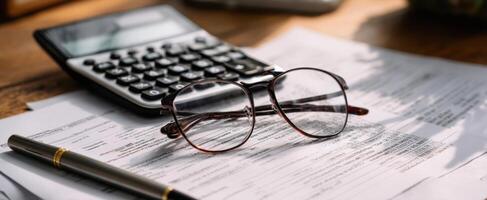 The glasses resting on financial documents with a calculator and pen nearby. photo