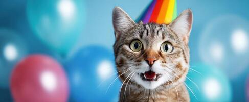 The adorable cat celebrates with a colorful party hat and balloons in the background. photo