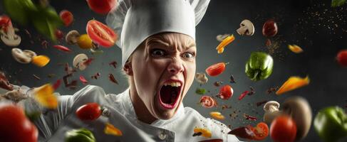 The chef passionately expresses emotions with flying vegetables in the kitchen. photo
