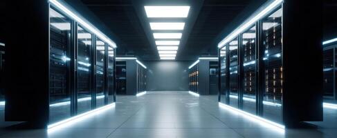The futuristic server room showcasing cutting-edge technology and sleek design. photo