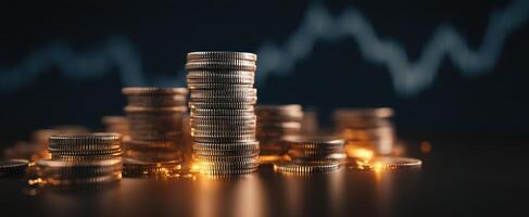 The shimmering stacks of coins on a dark background symbolize financial growth. photo