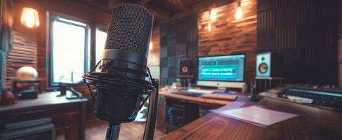The microphone in a beautifully designed home recording studio setup photo