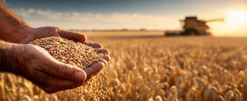 The hands of a farmer holding wheat grain during sunset in a golden field. photo