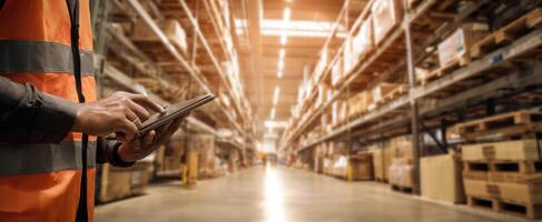 The worker using a tablet in a modern warehouse for efficient inventory management. photo