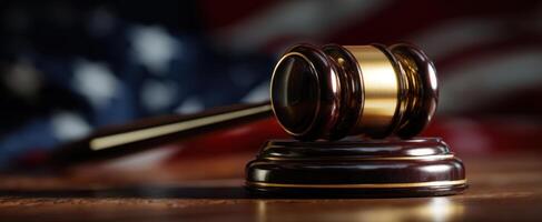 The gavel resting on a podium with an American flag backdrop. photo
