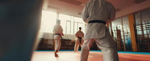 The dynamic training session of karate practitioners in an inspiring dojo environment. photo