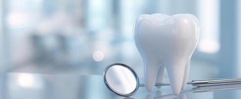 The dental tooth and mirror representing oral hygiene in a professional clinic setting. photo