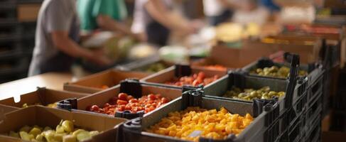 The vibrant array of fresh produce in a bustling marketplace preparation area. photo