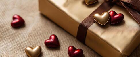 The beautiful golden gift box adorned with heart-shaped chocolates. photo