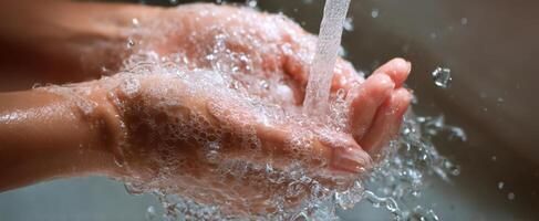 The hands washing in refreshing water with gentle bubbles and soap. photo