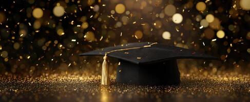 The graduation cap surrounded by sparkling confetti on a festive background. photo