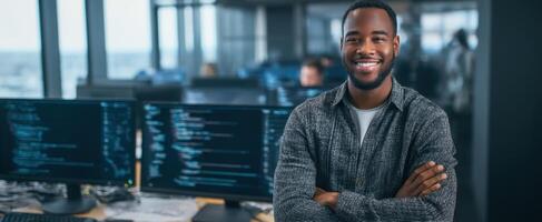 The confident programmer smiling in a modern software development office. photo