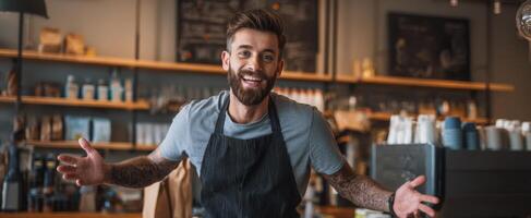 A man with a beard and apron is standing in a coffee shop photo