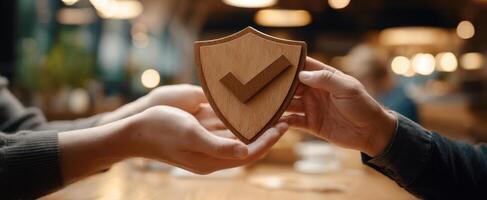 The wooden shield with a checkmark symbolizing trust and assurance in partnerships. photo