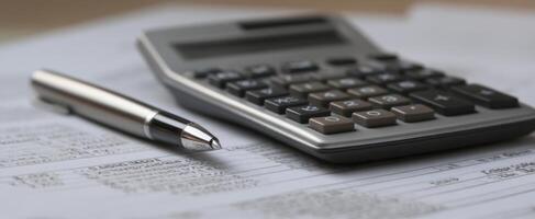 A calculator and pen on a tax form photo