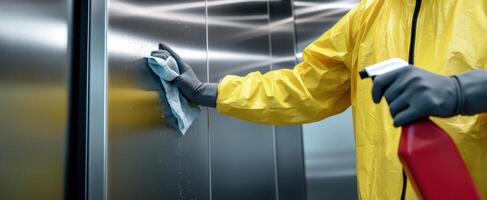 The sanitation worker cleaning modern elevator surfaces with spray and cloth. photo