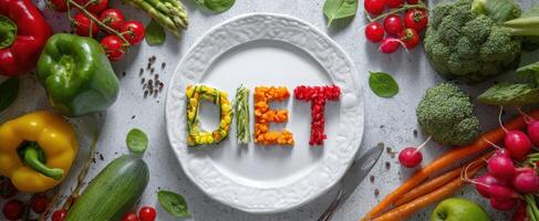The Colorful Arrangement of Fresh Vegetables Spelling 'DIET' on a Plate photo