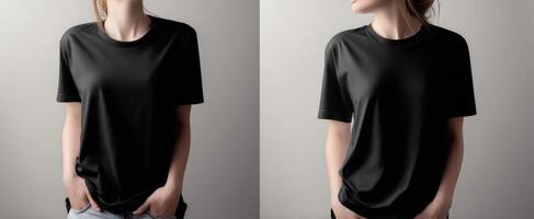 The elegant black t-shirt showcased by a stylish model in a minimalist setting. photo