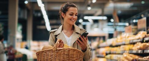 The smiling woman enjoying shopping with a phone in a modern grocery store. photo