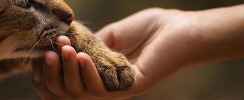 The gentle touch of a hand bonding with a cat's paw in harmony photo