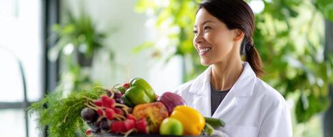 The smiling woman in a lab coat holding a basket of fresh fruits and vegetables. photo