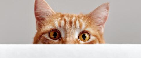 The Curious Ginger Cat Peeking Over a Soft Surface with Big Eyes photo
