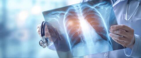 The doctor analyzing an x-ray image of healthy human lungs. photo