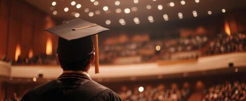 The proud graduate stands before a cheering audience at the graduation ceremony. photo