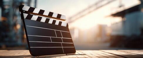 The clapperboard against a cinematic backdrop showcasing the filmmaking process. photo