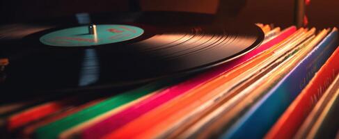 The vintage vinyl records generating a nostalgic atmosphere in a cozy setting. photo