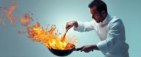 The chef skillfully creates fiery magic in the kitchen with passion and precision. photo