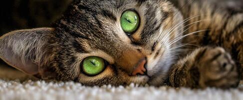 The adorable cat with striking green eyes resting peacefully on a cozy surface. photo