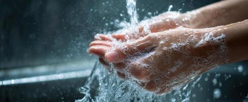 The Hands Washing with Water and Soap in a Modern Sink photo