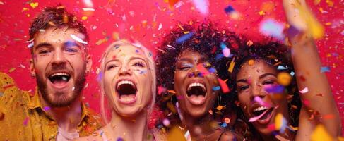 The joyful celebration of friends enjoying a festive moment with confetti. photo
