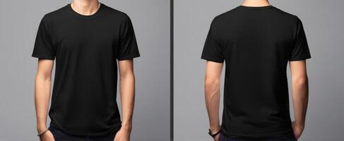 The black t-shirt showcased from front and back in a professional setting. photo