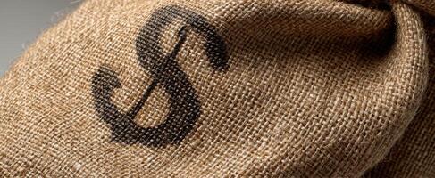 The burlap sack featuring a distinctive logo design and rustic texture. photo
