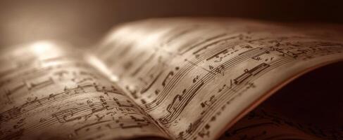 The elegant display of antique sheet music inviting timeless melodies. photo