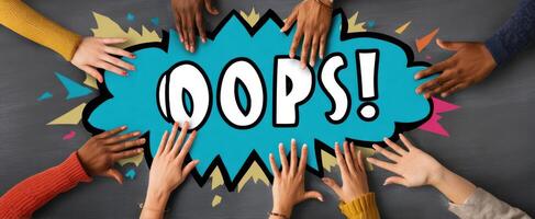 The playful hands congregate around the bold 'Oops' expression on a colorful backdrop. photo
