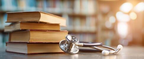 The stethoscope beside stacked books in a library setting photo