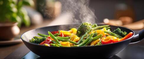 The vibrant stir-fry of fresh vegetables steaming in a skillet. photo