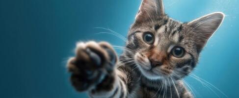 The playful tabby cat reaching out with its paw into the camera. photo