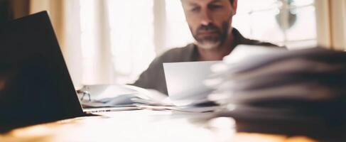 The focused man reviewing important documents at his modern workspace. photo
