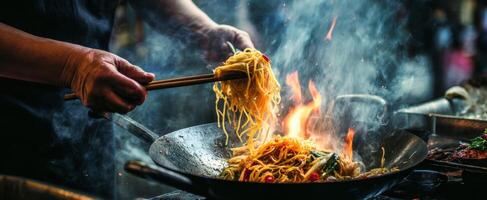 The art of cooking vibrant noodles in a sizzling hot wok photo