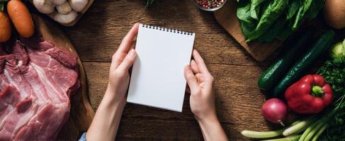 The hands holding a blank notebook surrounded by fresh ingredients for cooking. photo