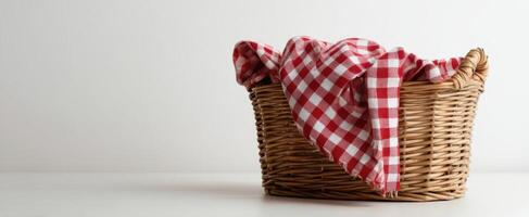 The woven basket adorned with a checkered cloth for stylish storage solutions. photo