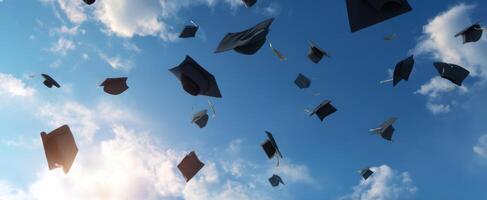 The graduation caps soaring high into a vibrant blue sky. photo