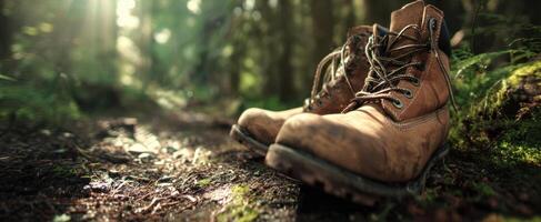 The boots resting on a forest trail illuminated by soft sunlight. photo