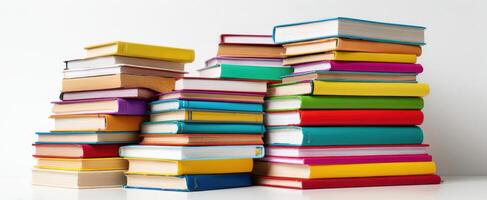 The vibrant stack of colorful books on a white background photo