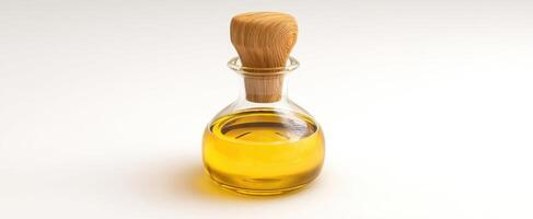 The elegant glass bottle filled with golden cooking oil and wooden lid. photo